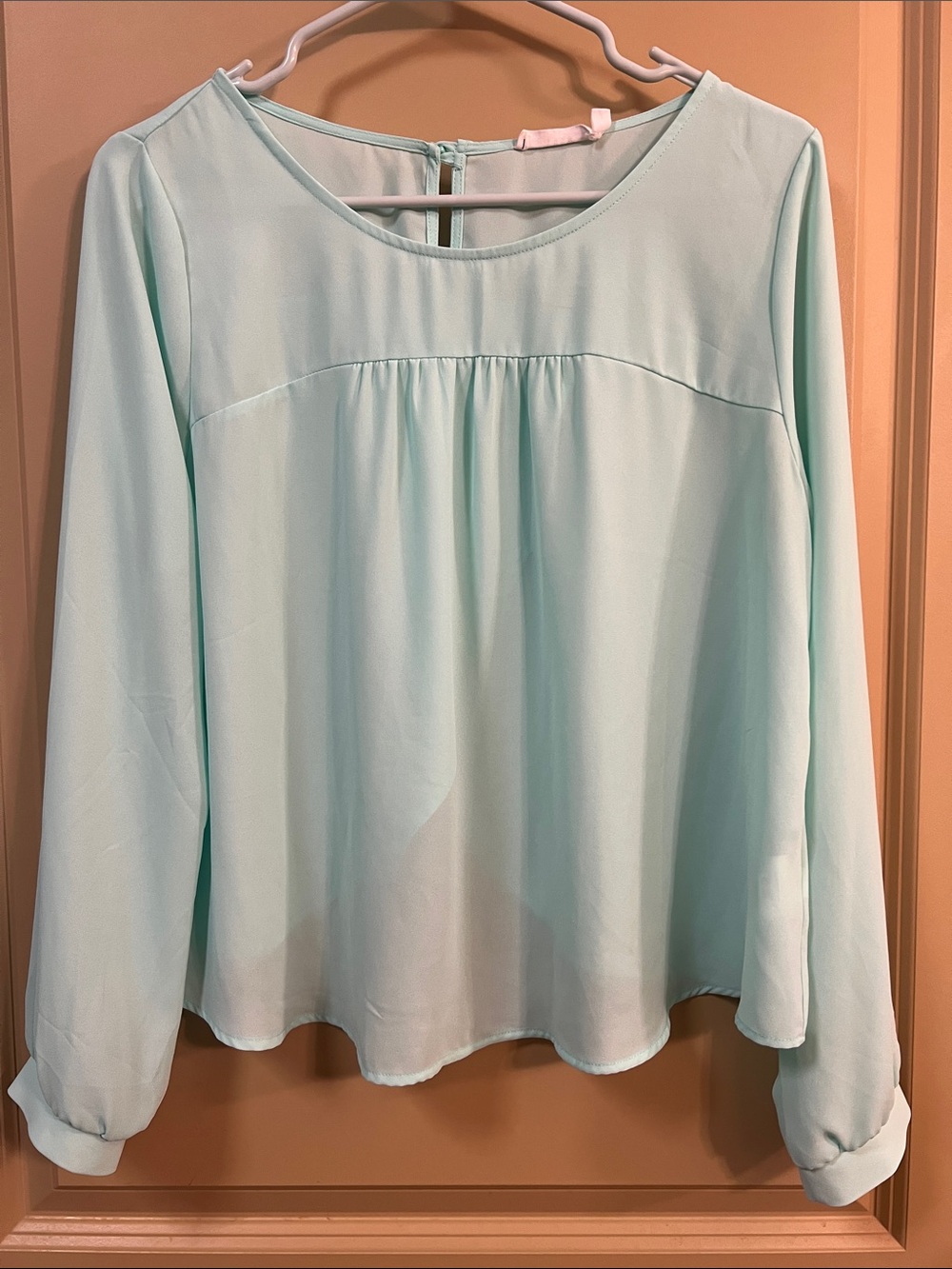 Lush Mint Green Gathered Yoke Long Sleeve Blouse
